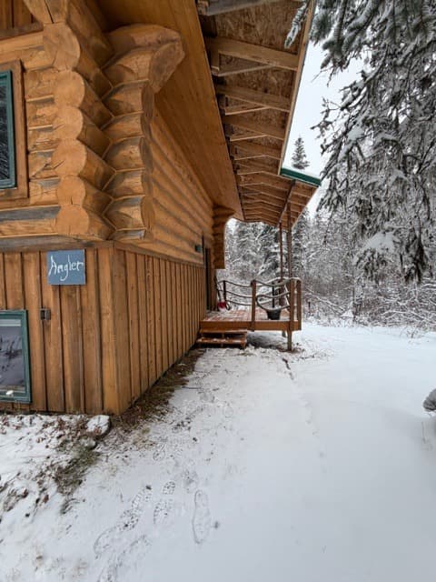 An exterior view of a side of a rustic log cabin with a covered wooden porch and stairs in a snowy setting. The cabin features thick horizontal logs and a vertical wood-paneled lower section, with snow-covered ground and frosted evergreen trees in the background.