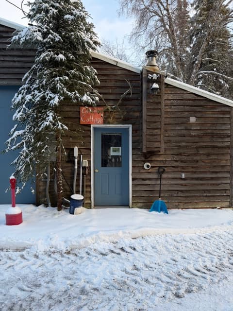 An exterior view of a brown log building in a snowy setting. A blue door is flanked by a snow-covered evergreen tree on the left and various items including a blue shovel and a red post. Above the door, a set of antlers is mounted next to a small orange sign.