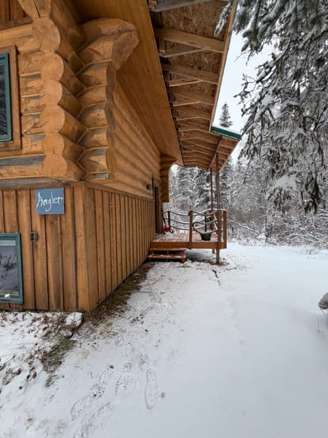 An exterior view of a side of a rustic log cabin with a covered wooden porch and stairs in a snowy setting. The cabin features thick horizontal logs and a vertical wood-paneled lower section, with snow-covered ground and frosted evergreen trees in the background.