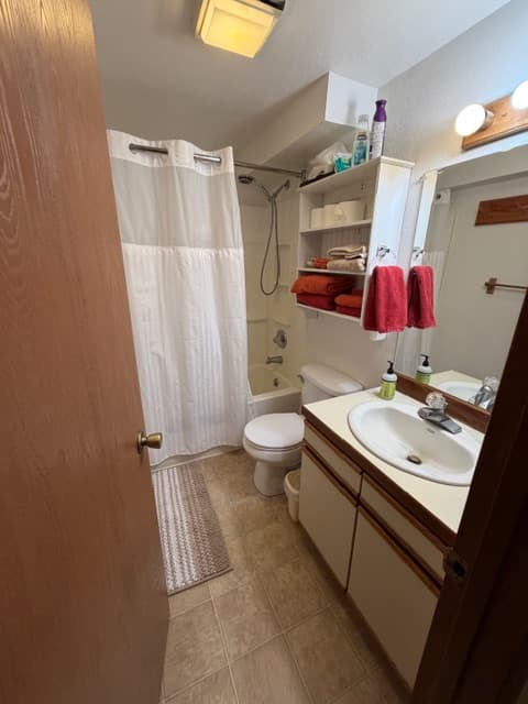 An interior view of a bathroom featuring a white vanity with a single sink and a large mirror. The room includes a white toilet and a bathtub-shower combination with a white shower curtain. Built-in shelving above the toilet holds folded red and orange towels, while a tan and white striped rug lies on the floor.