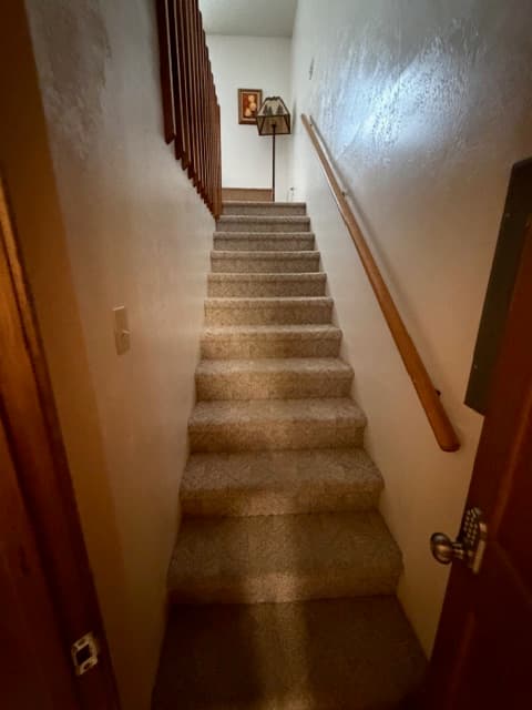 An interior view of a narrow, carpeted staircase with a wooden handrail, viewed from a slightly open wooden door. The stairs lead to a brightly lit upper level where a small framed picture and a lamp are partially visible against the white walls.