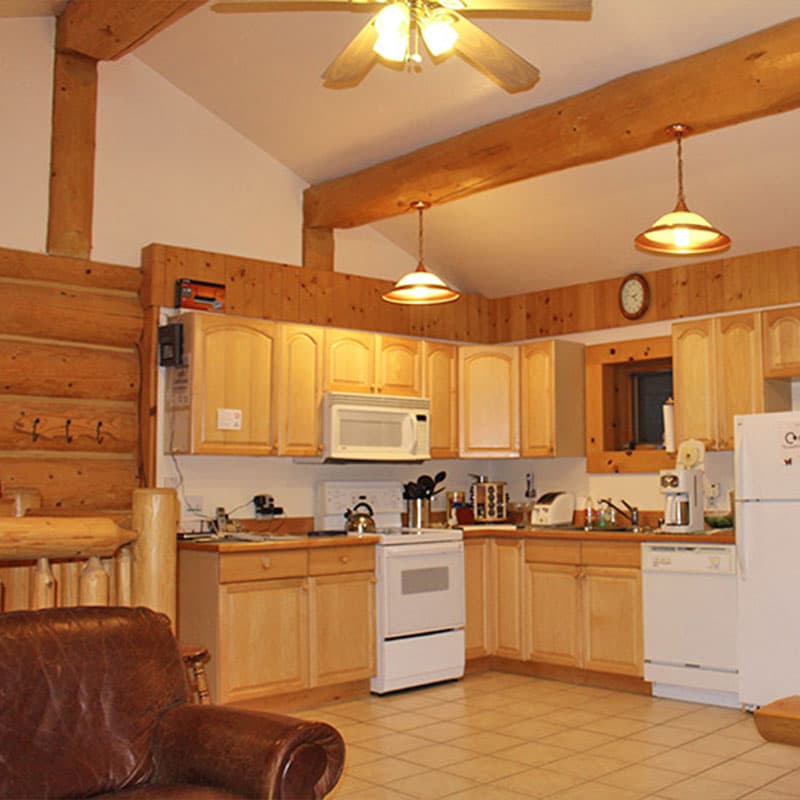 Cozy kitchen featuring wooden cabinetry, modern appliances, and a ceiling fan.