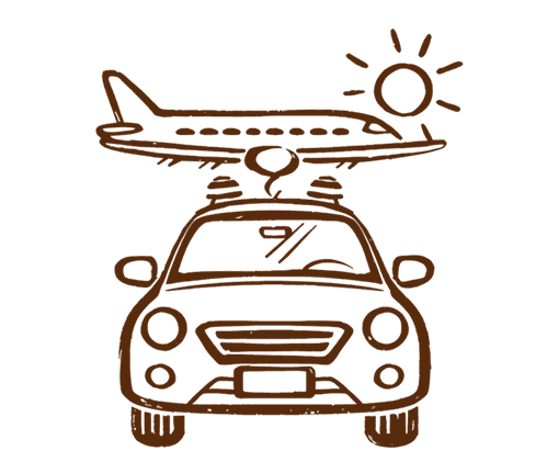 A cartoon car with an airplane and sun drawn above it.