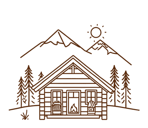 Outline of a cabin surrounded by trees and mountains under a sun.