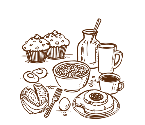 A stylized illustration of a breakfast setup featuring bowls, drinks, pastries, and utensils.
