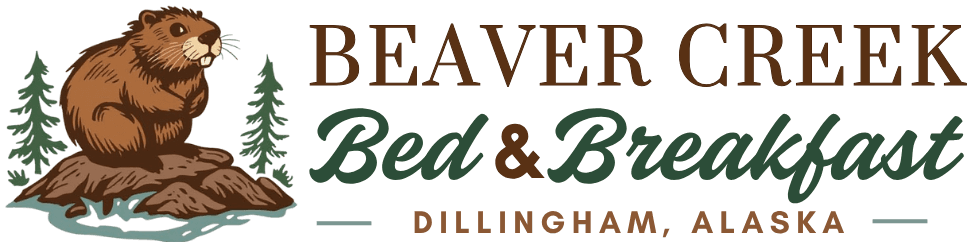 Logo for Beaver Creek Bed & Breakfast, featuring a beaver and trees, located in Dillingham, Alaska.