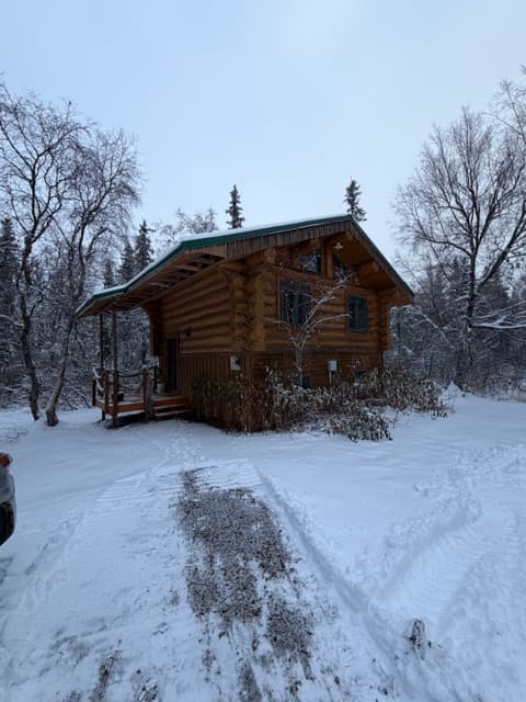 An exterior shot of a small, two-story log cabin with a snow-covered gabled roof. The cabin is nestled in a wintry landscape with bare, frost-covered trees and a deep layer of snow on the ground.