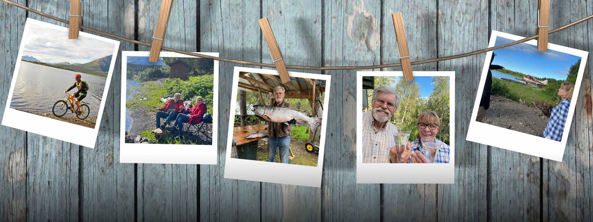 A series of six polaroid-style photos showcasing outdoor activities and family moments, hung on a string against a wooden background.